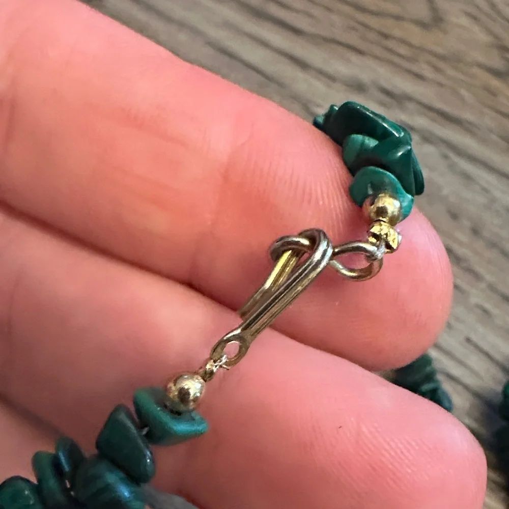 Natural Malachite Chip Necklace Earrings Set Gold Accent Beads Boho